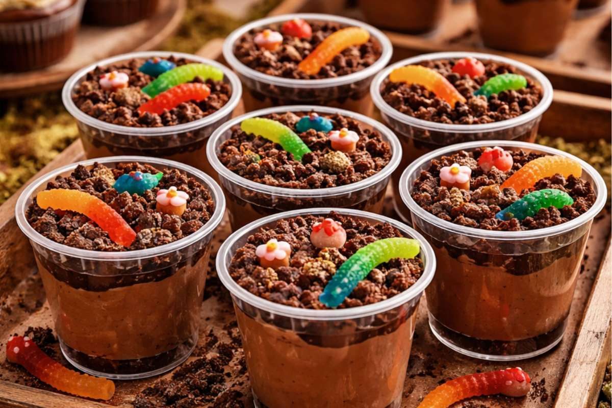 Chocolate forest dirt dessert cups with gummy worms for a woodland baby shower