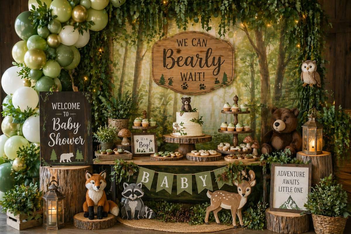 Forest-inspired baby shower dessert table with bear theme, greenery, wooden decor, and woodland animals