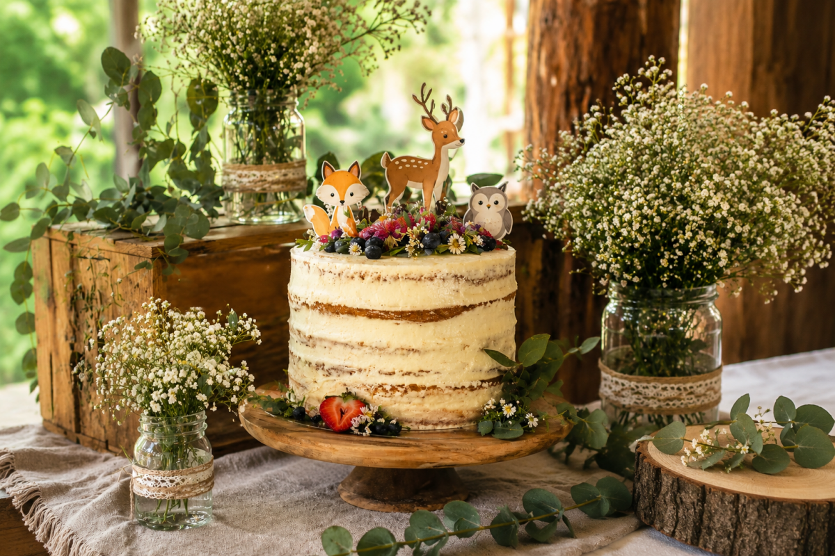 Forest-themed baby shower cake with wooden decor, greenery, and animal toppers