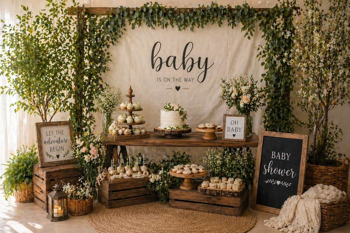 Forest-themed baby shower table with greenery backdrop, wooden crates, desserts, and rustic decor