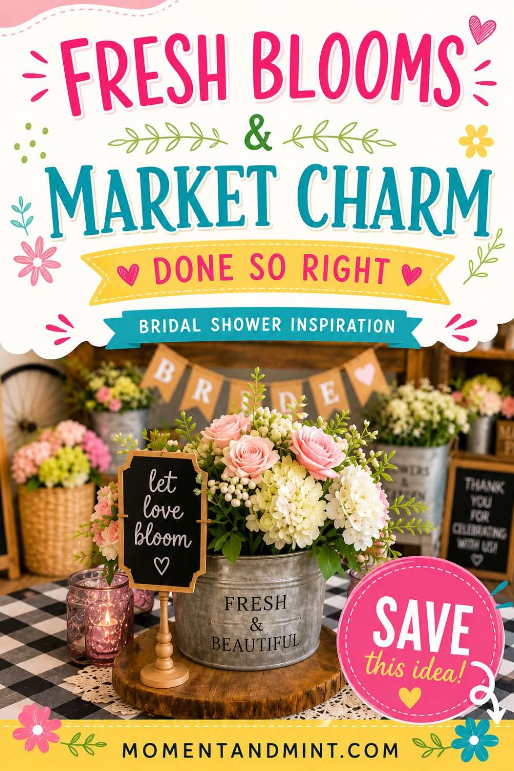 Fresh Off the Market bridal shower decorations featuring floral centerpieces, galvanized buckets, fresh flowers, rustic market displays, and charming farmhouse-inspired décor.