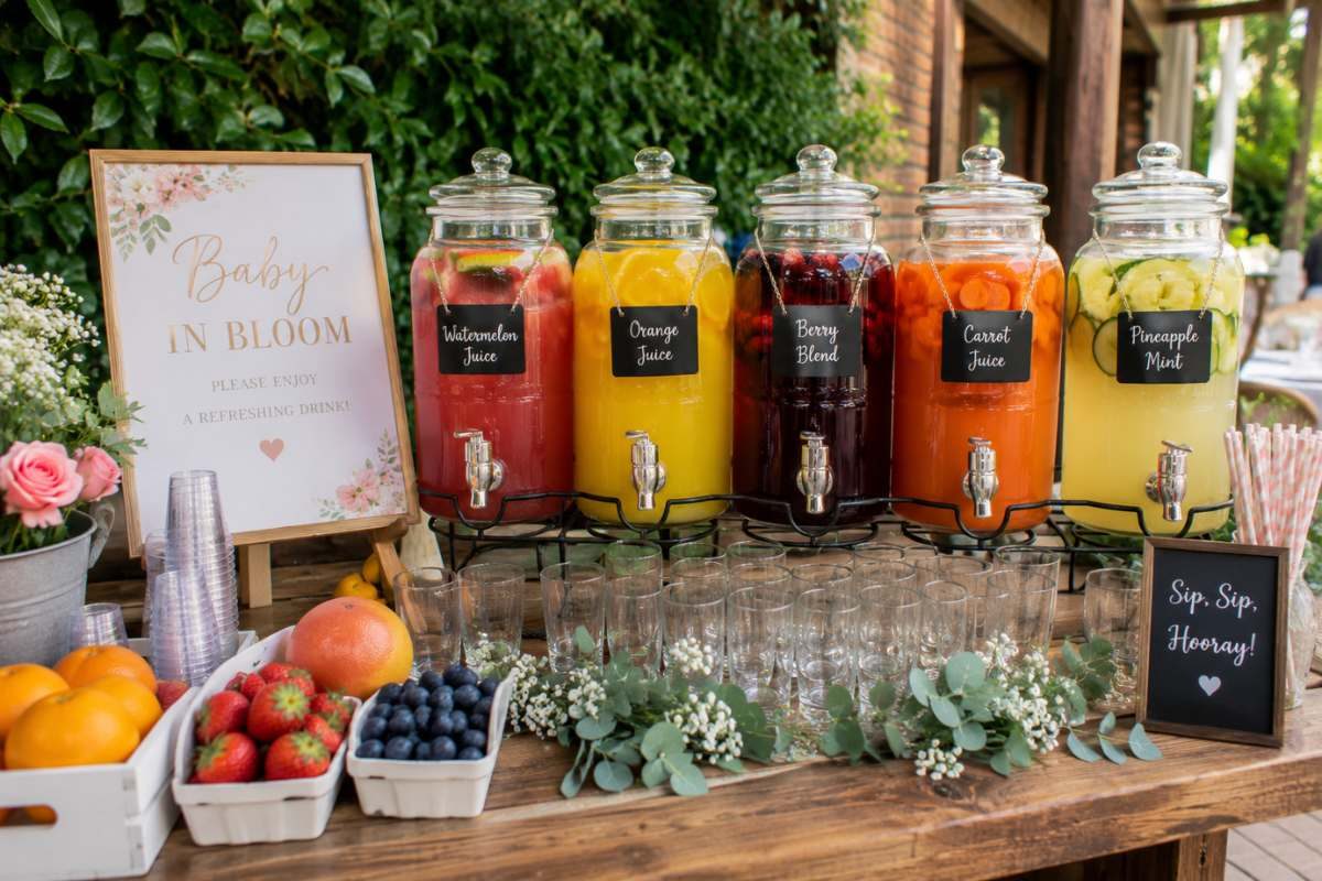 Fresh juice bar for a brunch baby shower featuring watermelon, orange, berry, carrot, and pineapple mint juices served in glass dispensers with fresh fruit, greenery, and elegant outdoor décor.