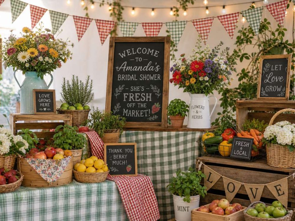 Playful farmers market bridal shower decor with fruits, flowers, and rustic signage