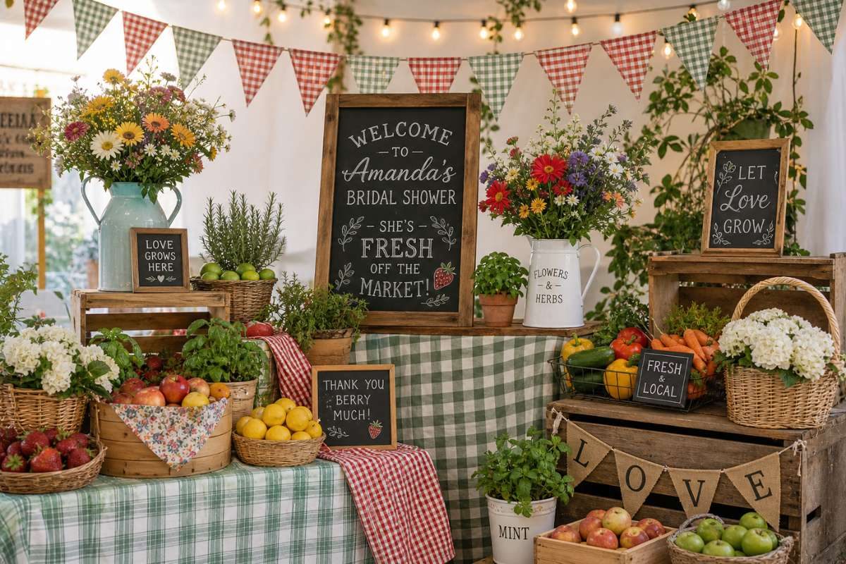 Playful farmers market bridal shower decor with fruits, flowers, and rustic signage