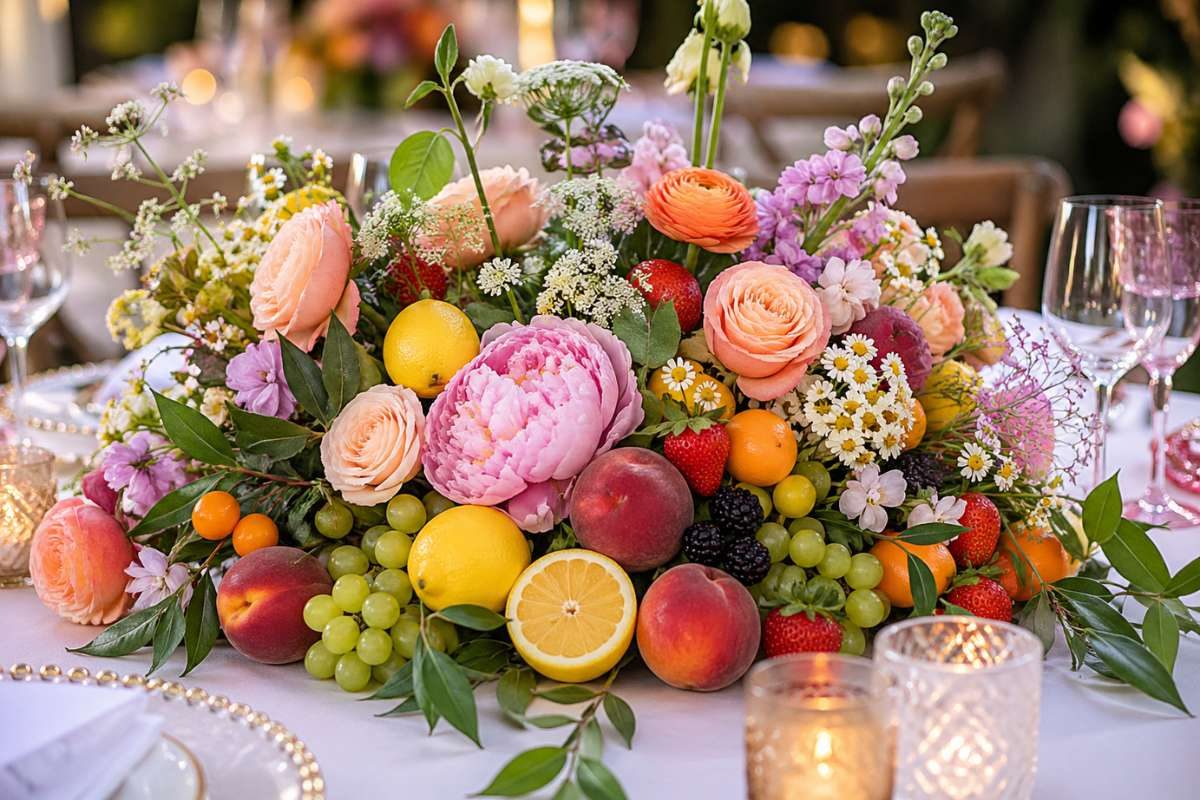 Wedding table centerpiece filled with fresh fruits and flowers