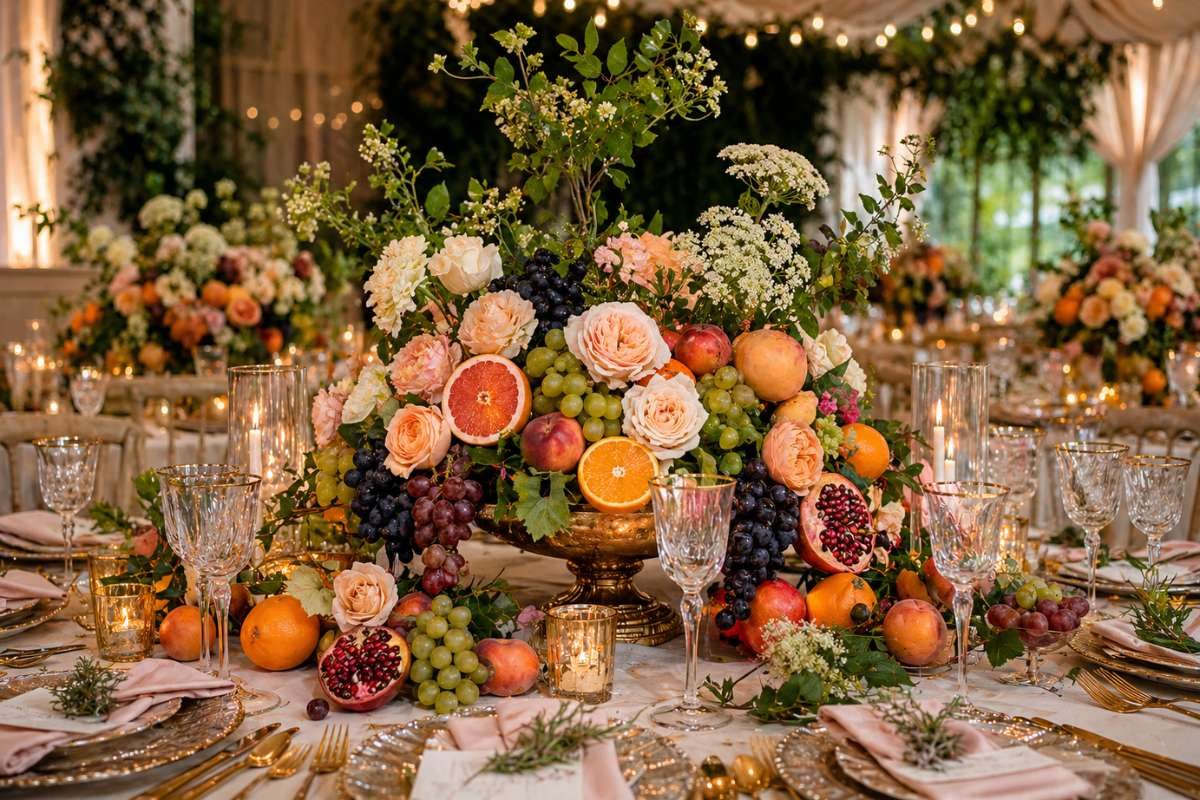 Wedding centerpiece with fruit and floral arrangement