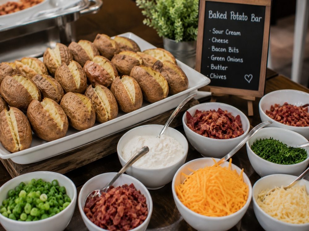 Fully loaded baked potato bar with baked potatoes and toppings including sour cream, shredded cheese, bacon bits, green onions, butter, and chives, offering a customizable and budget-friendly side dish for a wedding reception.