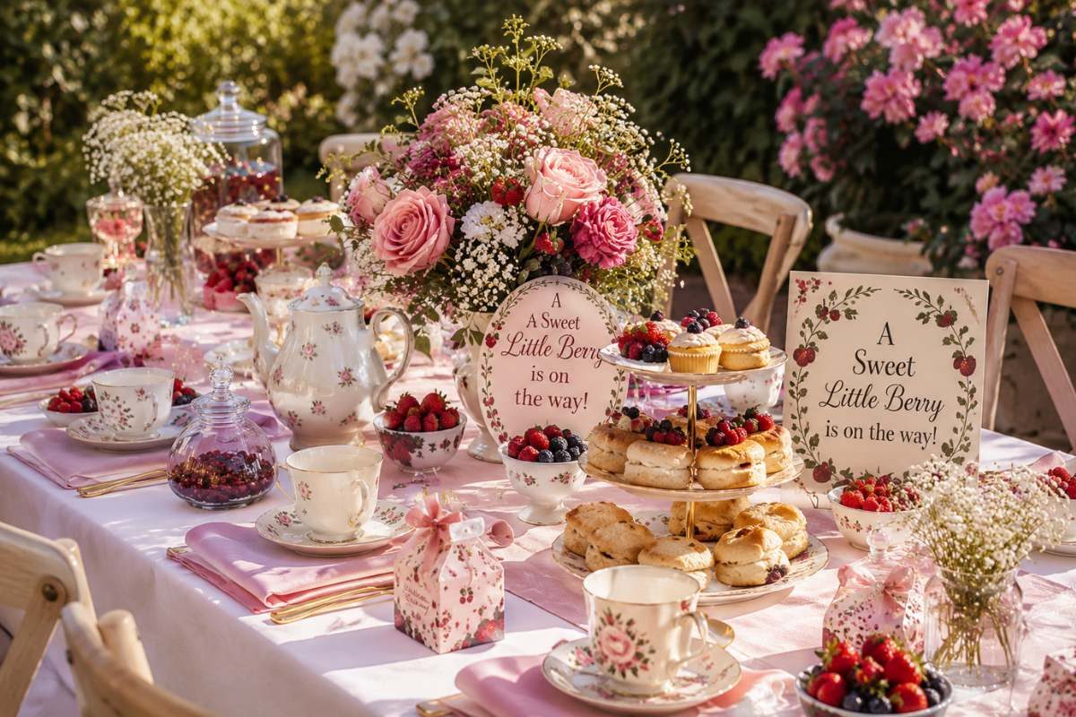 Berry tea party baby shower ideas with vintage teacups, berry-inspired treats, tiered dessert trays, fresh flowers, and a romantic garden party atmosphere.