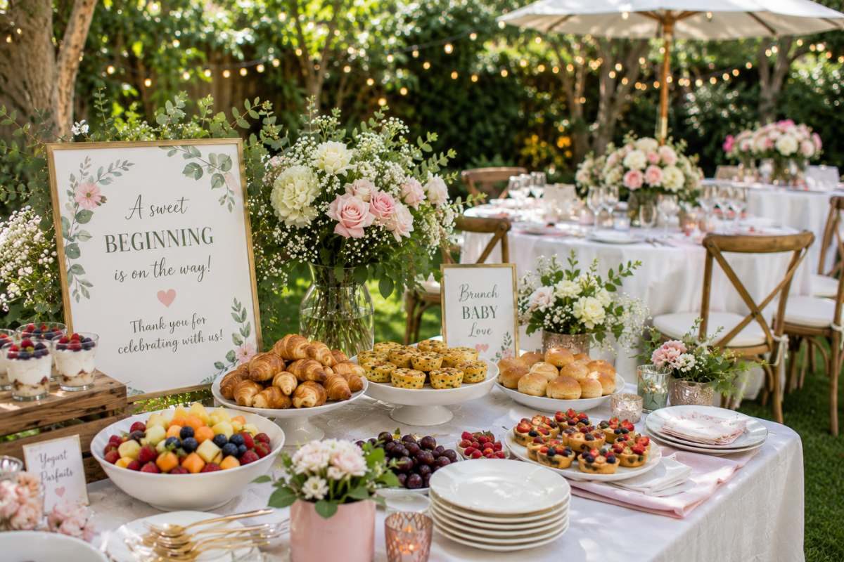 Garden-style brunch baby shower setup featuring floral centerpieces, croissants, mini quiches, fruit bowls, yogurt parfaits, pastries, and elegant outdoor table décor under string lights.