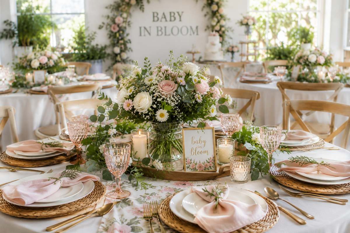 Garden-inspired Baby in Bloom baby shower table styling featuring fresh floral centerpieces, greenery garlands, wooden trays, glowing candles, blush pink napkins, woven chargers, and elegant place settings. The bright and airy tablescape creates a charming, relaxed atmosphere perfect for a floral-themed baby shower celebration.