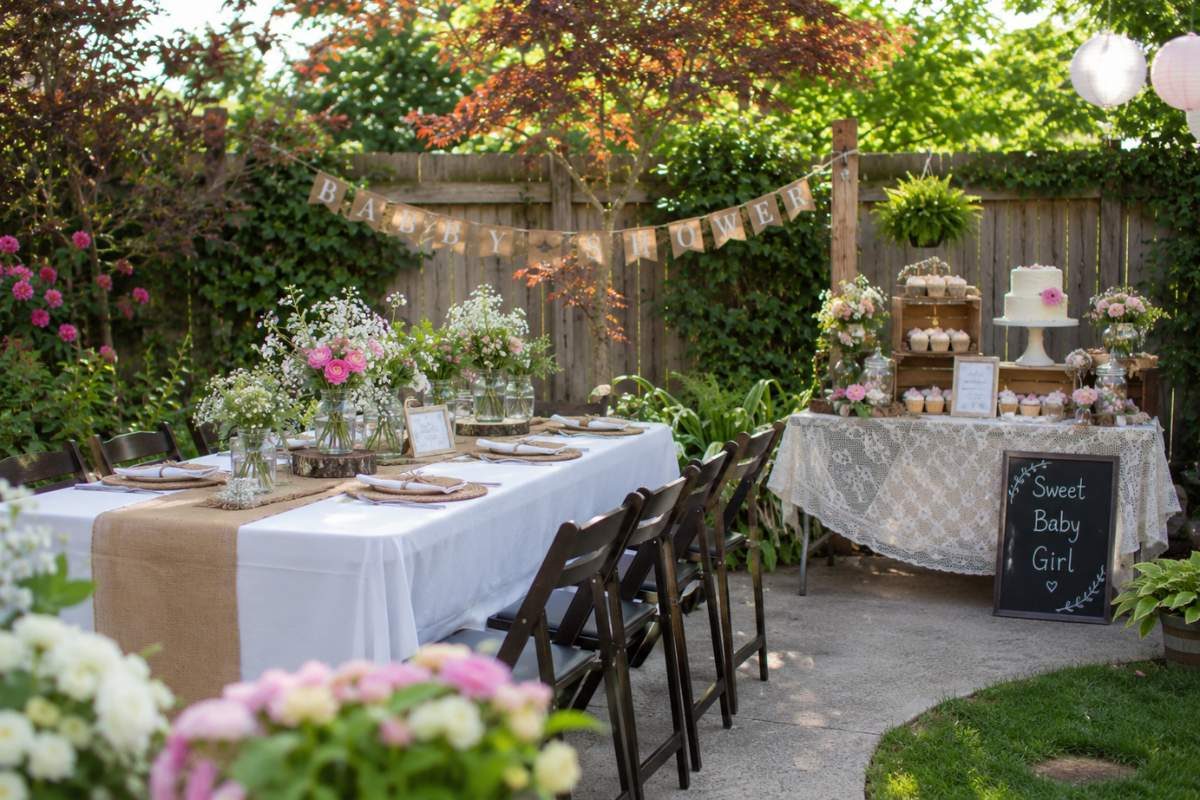Beautiful garden-themed backyard baby shower with rustic tables, burlap runners, mason jar flower centerpieces, wooden dessert crates, and lush greenery creating a charming outdoor celebration.