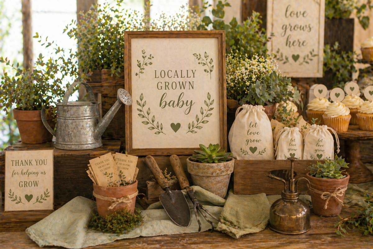 Garden tool accent decor for a locally grown baby shower with mini watering cans, hand trowels, and rustic botanical styling.