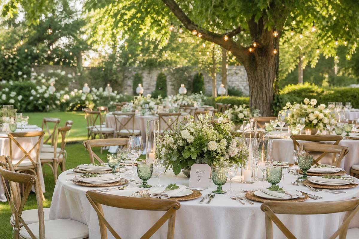outdoor garden wedding with greenery, natural light, and simple elegant table styling