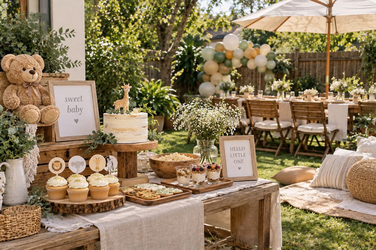 Gender-neutral backyard baby shower with teddy bear and safari accents, neutral balloons, fresh flowers, rustic dessert table, and cozy outdoor seating.