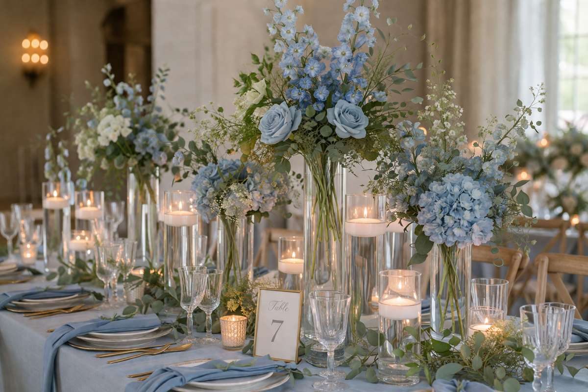 glass cylinder centerpieces with dusty blue flowers and candles