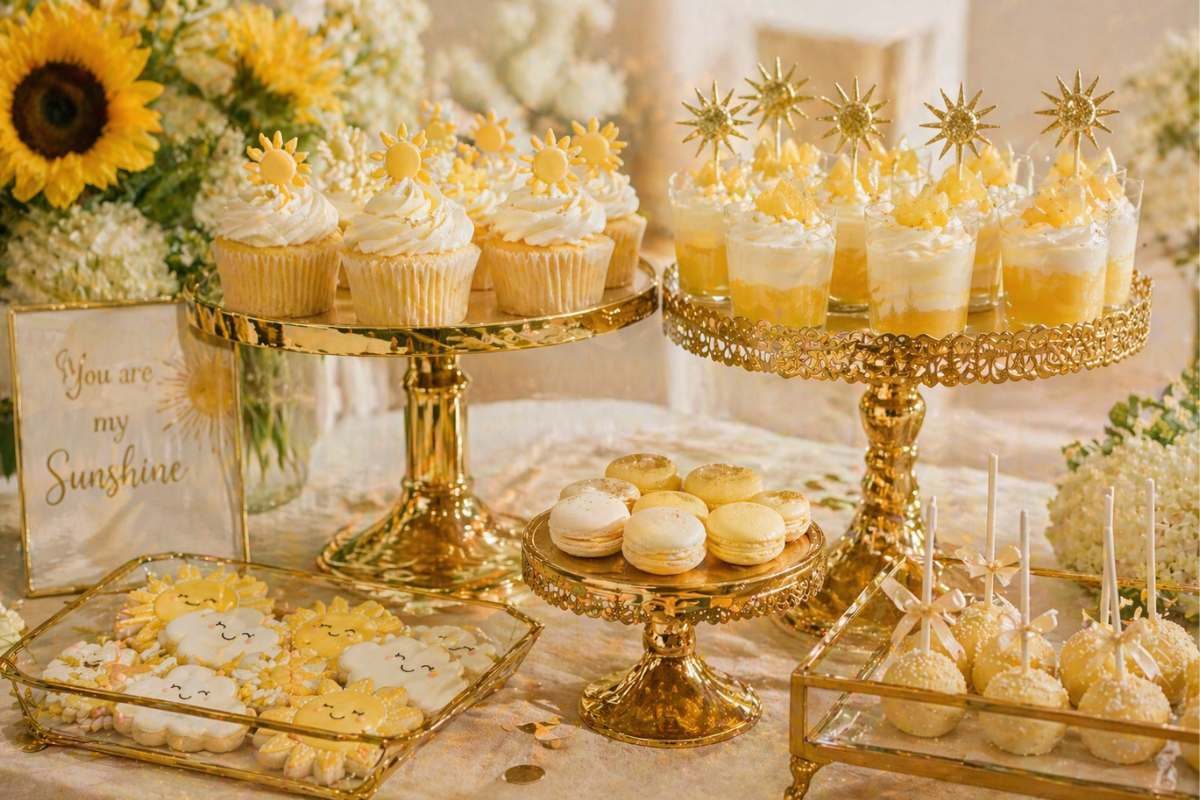 Gold dessert stands with cupcakes and sunshine-themed sweets