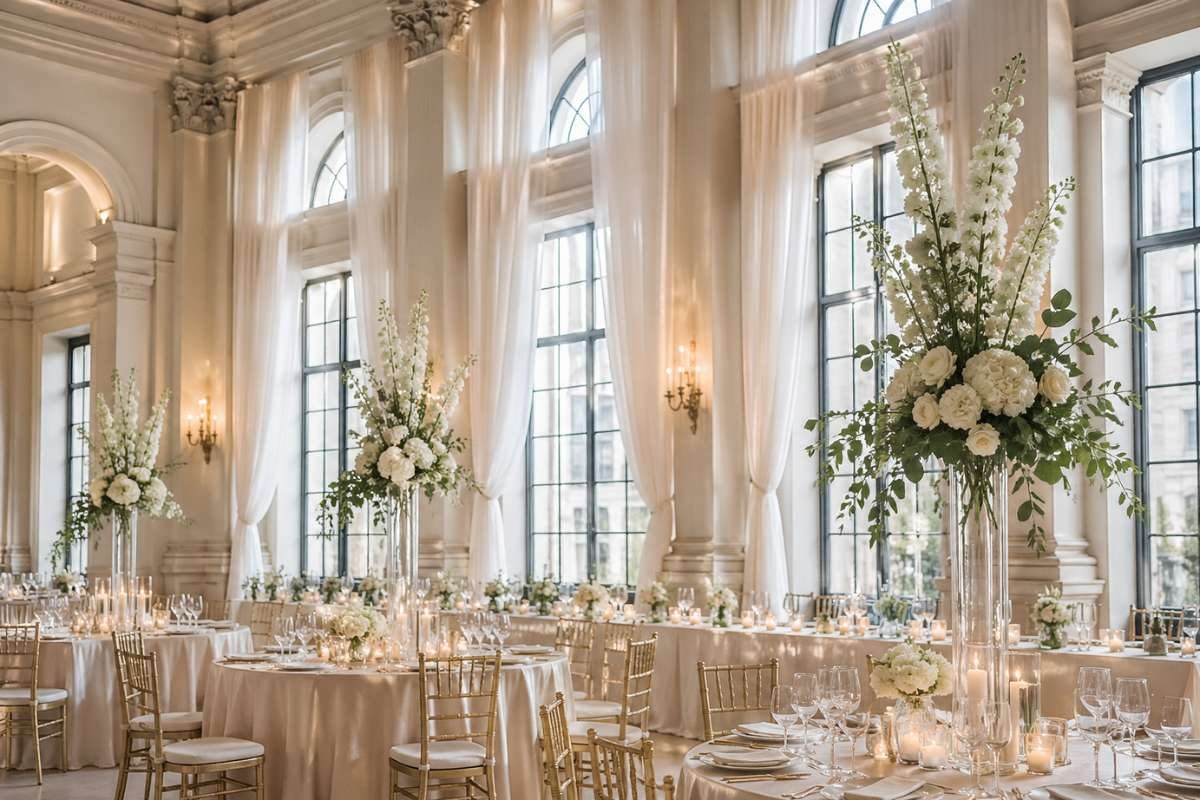 elegant wedding reception with tall floral centerpieces, draped fabric, and airy grand venue
