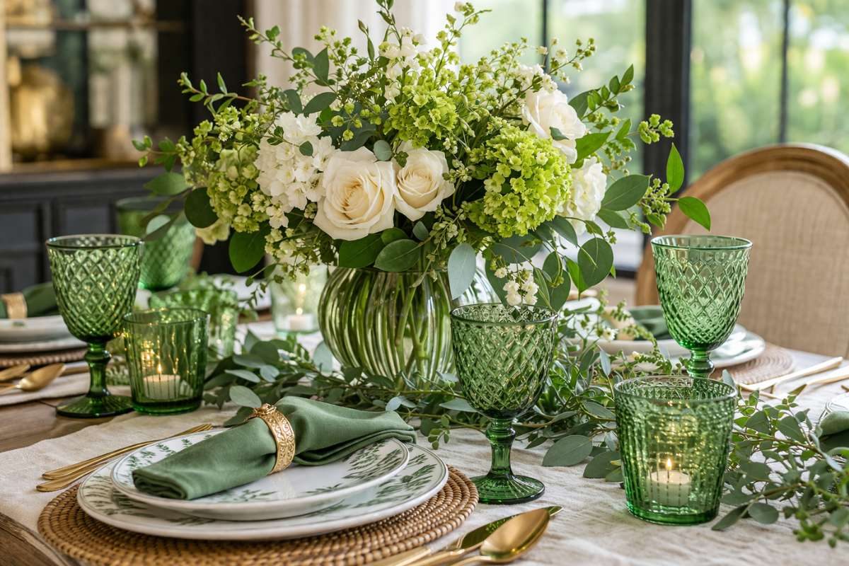 Wedding table decor with green glass accents and florals