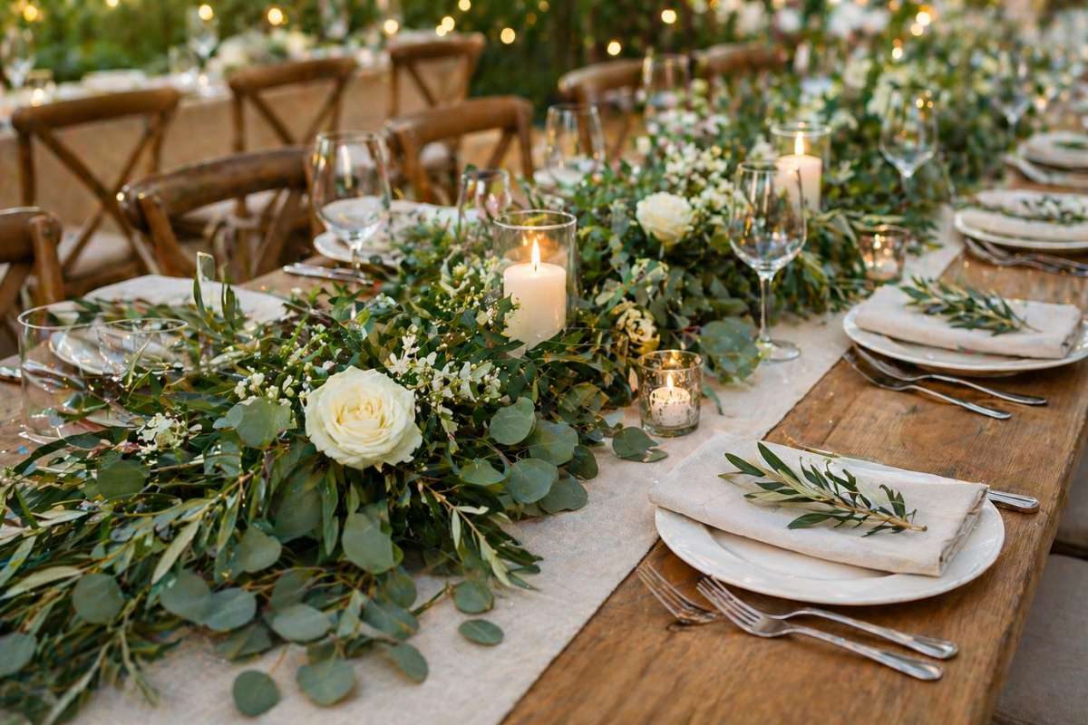 Wedding table runner with eucalyptus greenery and candles minimalist decor
