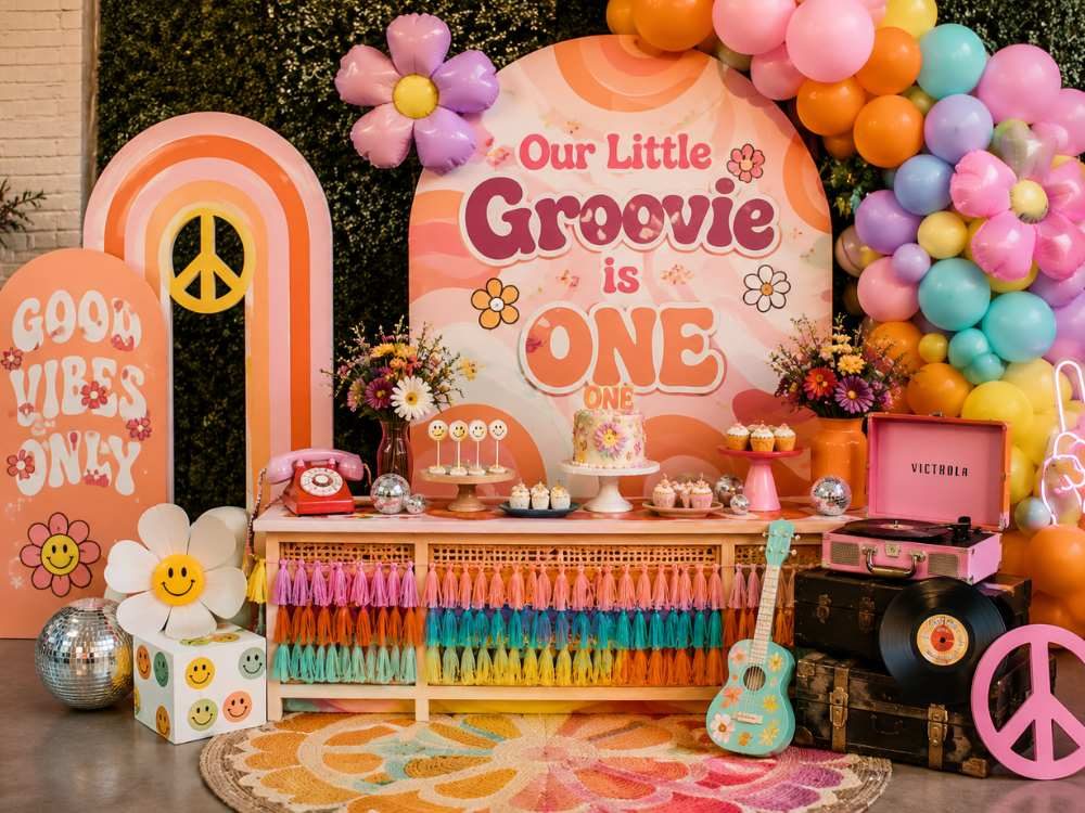 Colorful groovy retro first birthday party setup featuring a vibrant 1970s-inspired backdrop, rainbow arch decor, flower-shaped balloons, peace sign decorations, vinyl records, vintage record player, disco balls, colorful balloon garland, retro dessert table, and bright funky patterns in a playful retro celebration theme.
