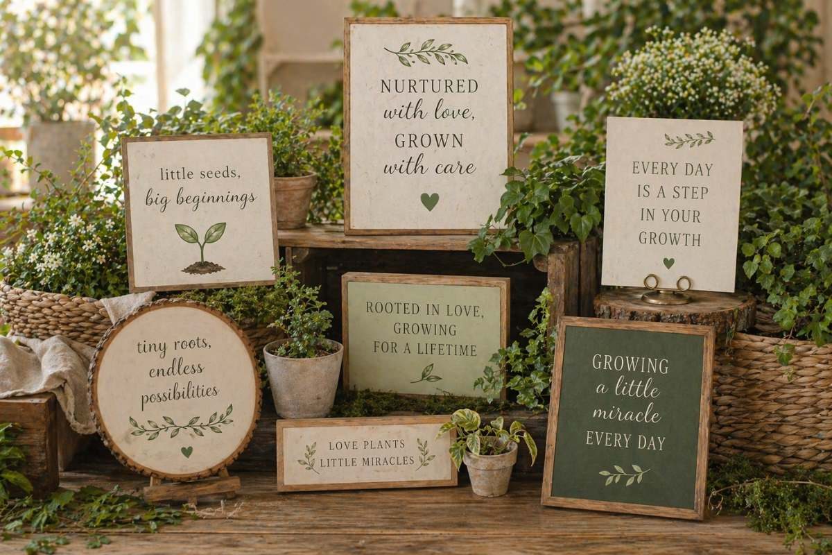 Growth-focused signage and botanical decor for a locally grown baby shower with inspirational nature-themed quotes.