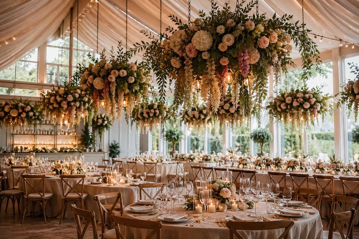 Wedding table with hanging floral installation decor