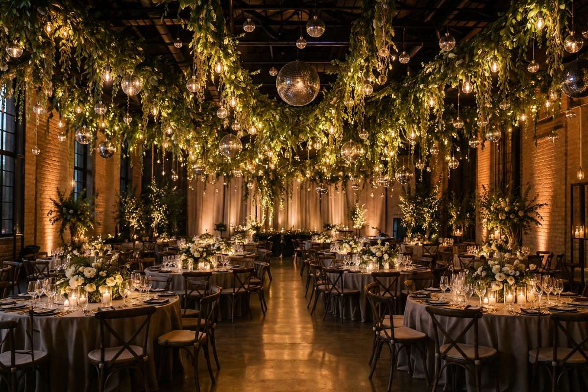 wedding venue with hanging greenery, lights, and ceiling decor creating immersive ambiance