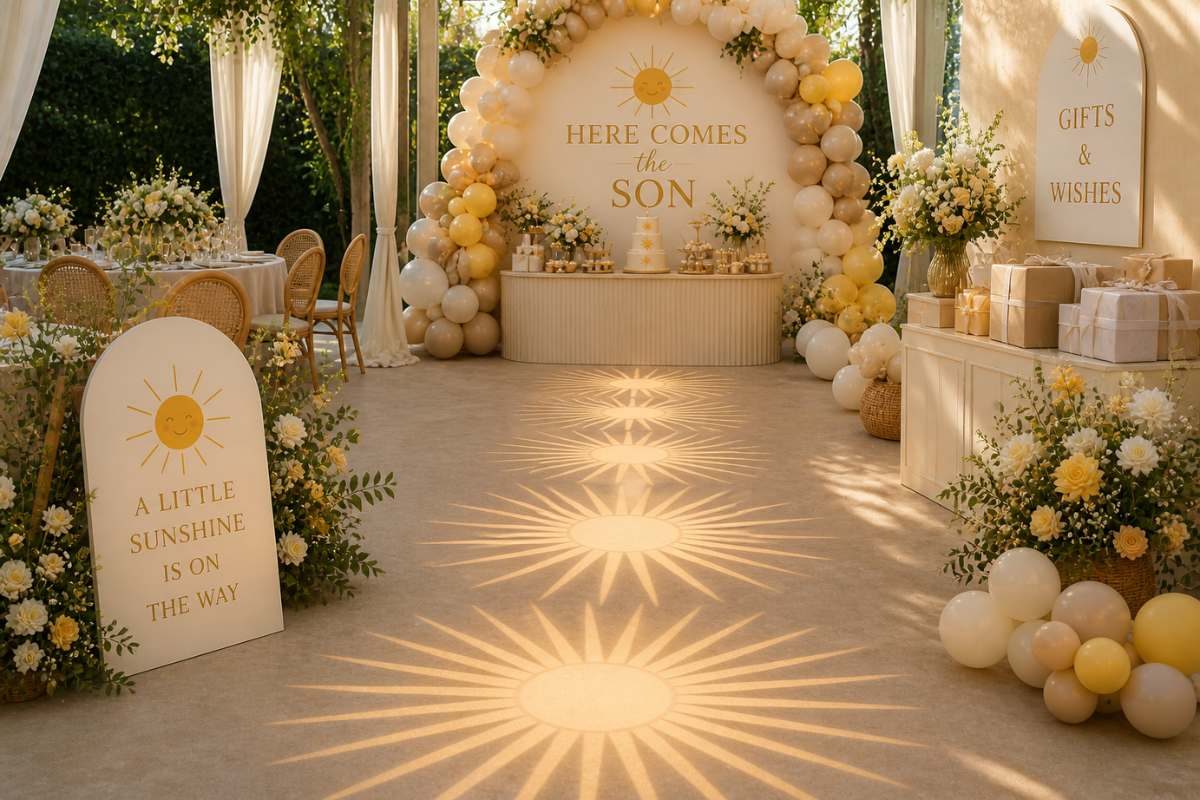 Elegant Here Comes the Son baby shower setup with neutral balloon garland, sunshine floor lighting, floral arrangements, and outdoor party décor in yellow and beige tones.