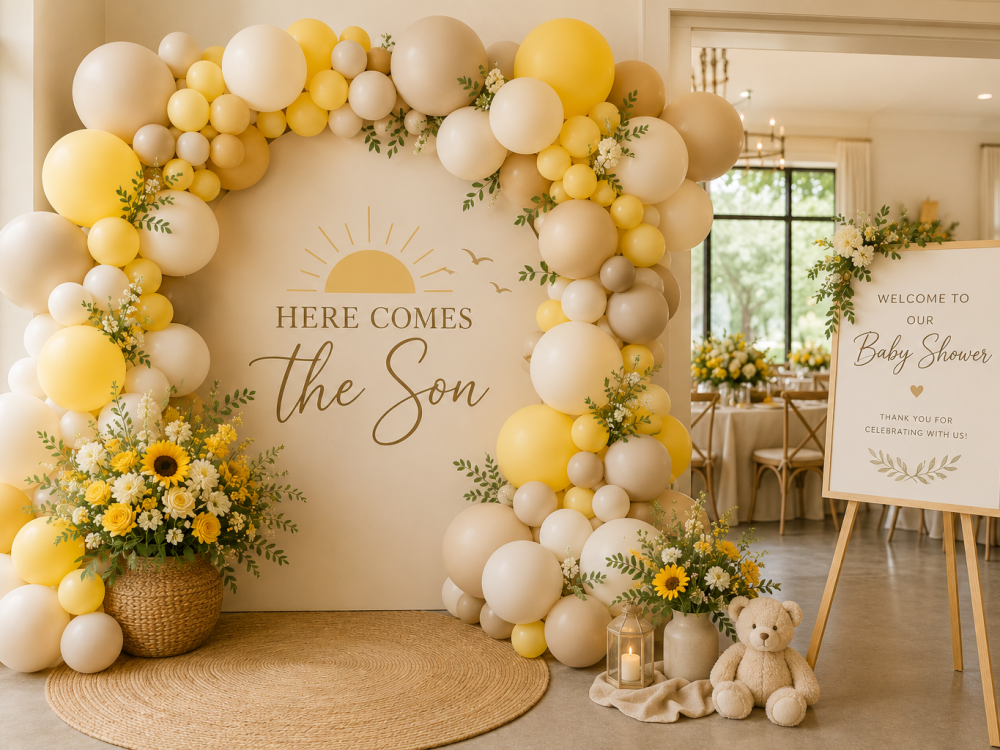 Here Comes the Son baby shower backdrop with neutral yellow and beige balloon garland, sunflower floral arrangements, welcome sign, and teddy bear décor indoors.
