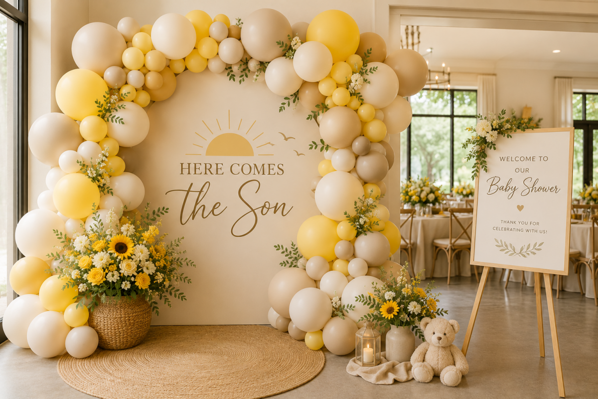 Here Comes the Son baby shower backdrop with neutral yellow and beige balloon garland, sunflower floral arrangements, welcome sign, and teddy bear décor indoors.
