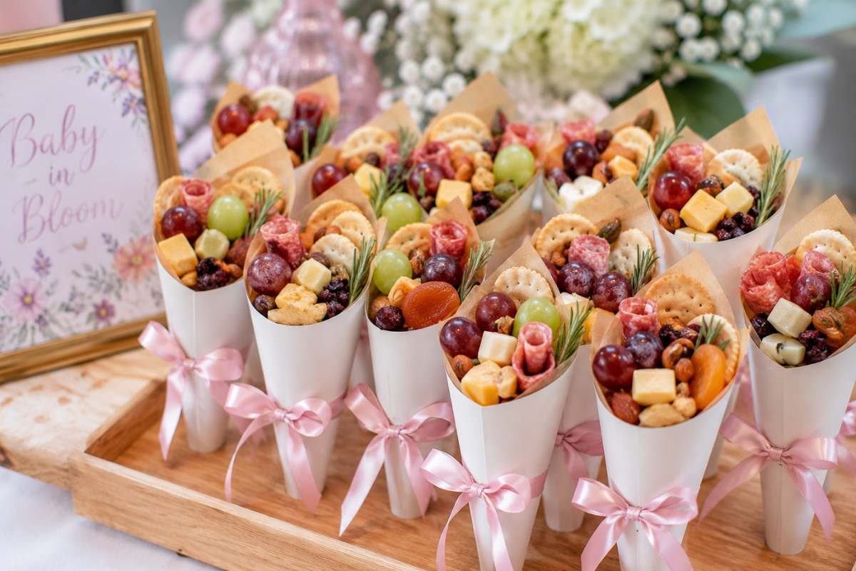 Individual charcuterie cones filled with cheese, grapes, crackers, nuts, dried fruit, and cured meats tied with pink ribbons for a baby shower.