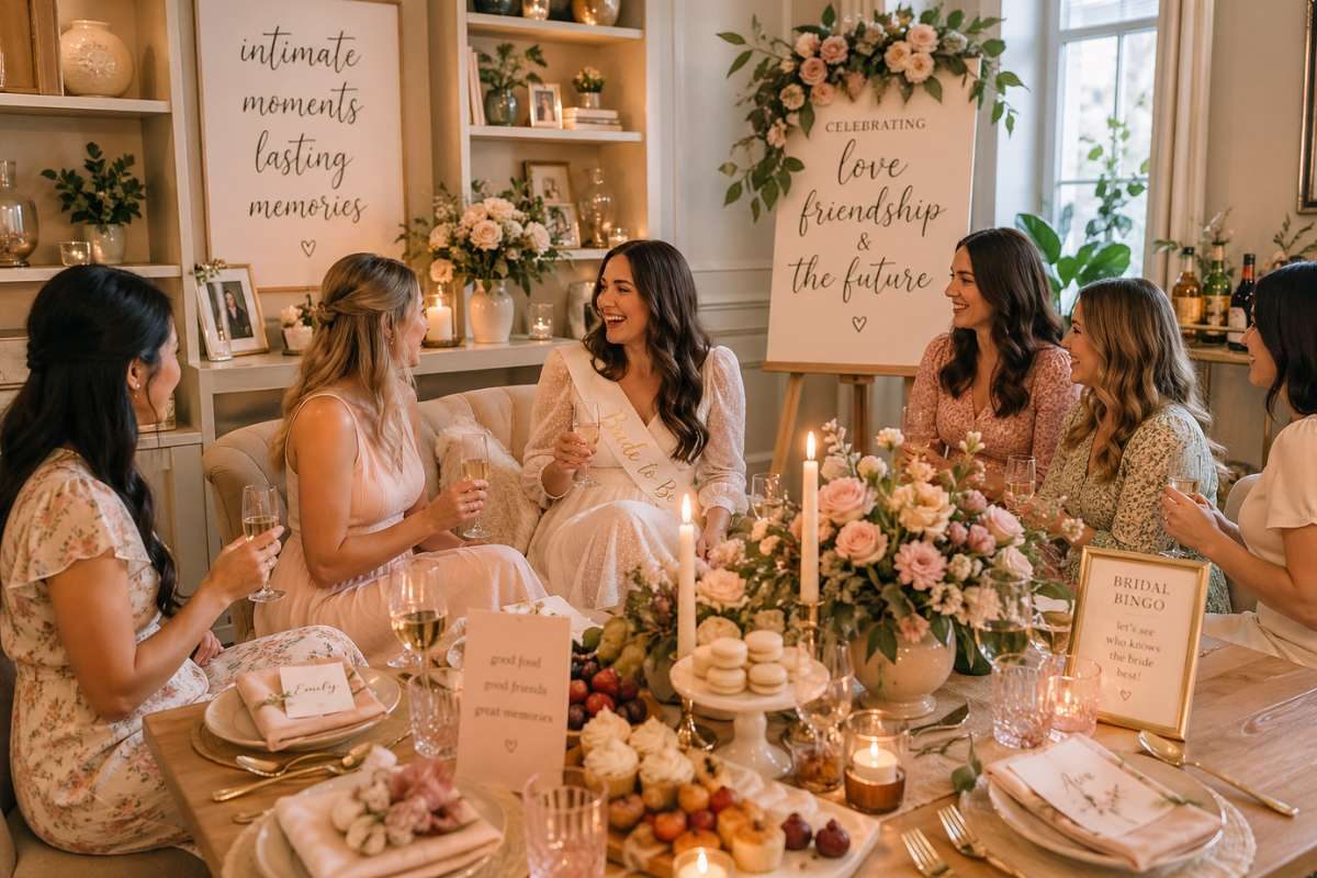 Small intimate bridal shower with cozy decor, candles, and close friends
