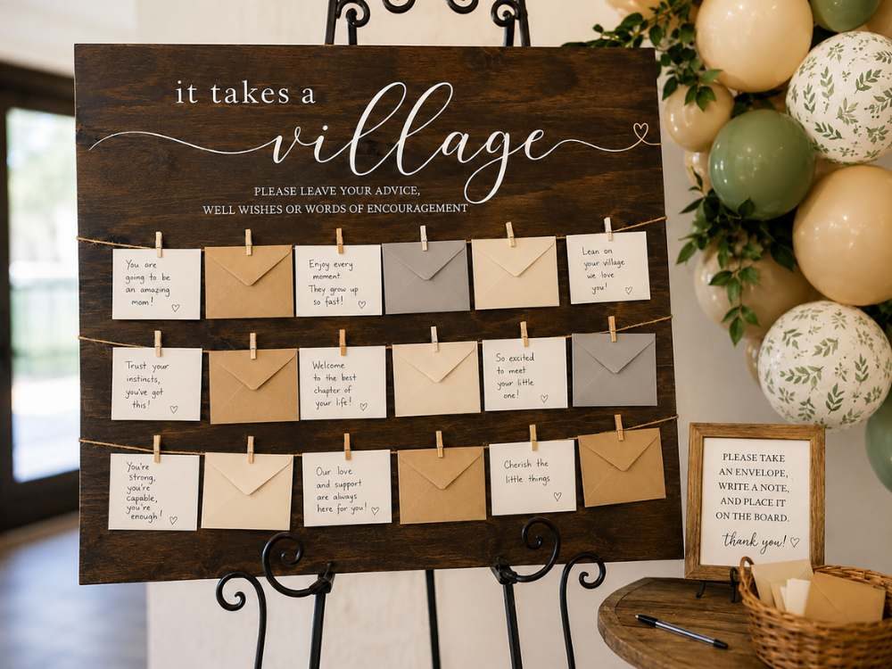 Rustic It Takes a Village baby shower welcome wall featuring handwritten advice cards, neutral-toned envelopes, and a balloon garland where guests leave heartfelt messages, parenting tips, and words of encouragement for the parents-to-be.