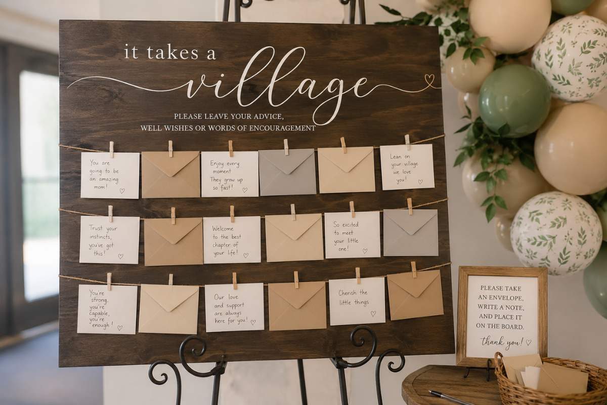 Rustic It Takes a Village baby shower welcome wall featuring handwritten advice cards, neutral-toned envelopes, and a balloon garland where guests leave heartfelt messages, parenting tips, and words of encouragement for the parents-to-be.