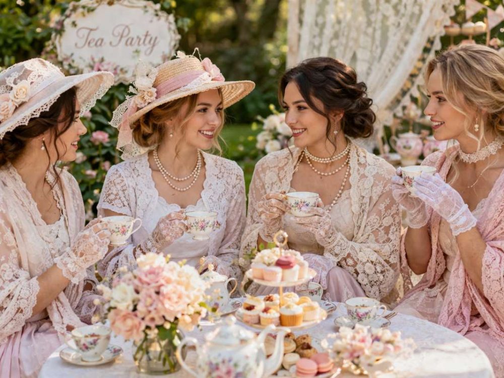 Women wearing delicate lace outfits and floral hats during an elegant garden tea party
