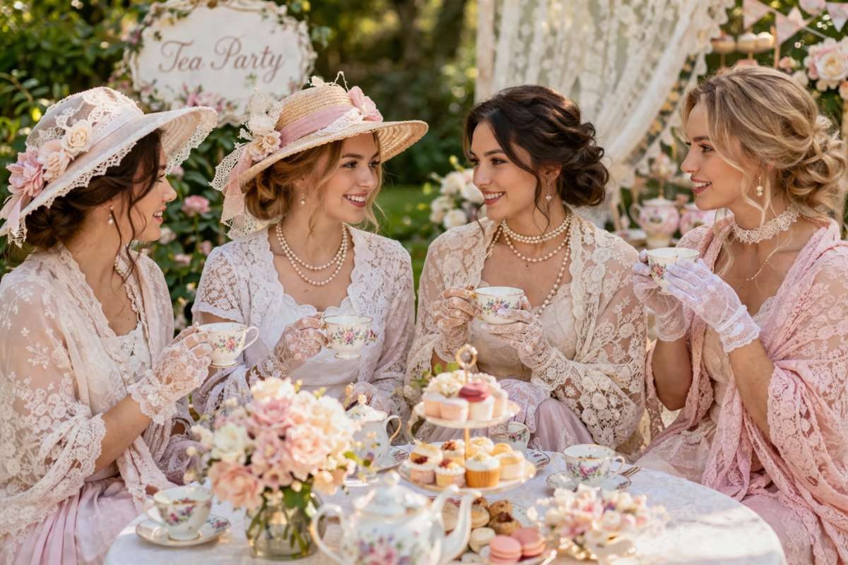 Women wearing delicate lace outfits and floral hats during an elegant garden tea party