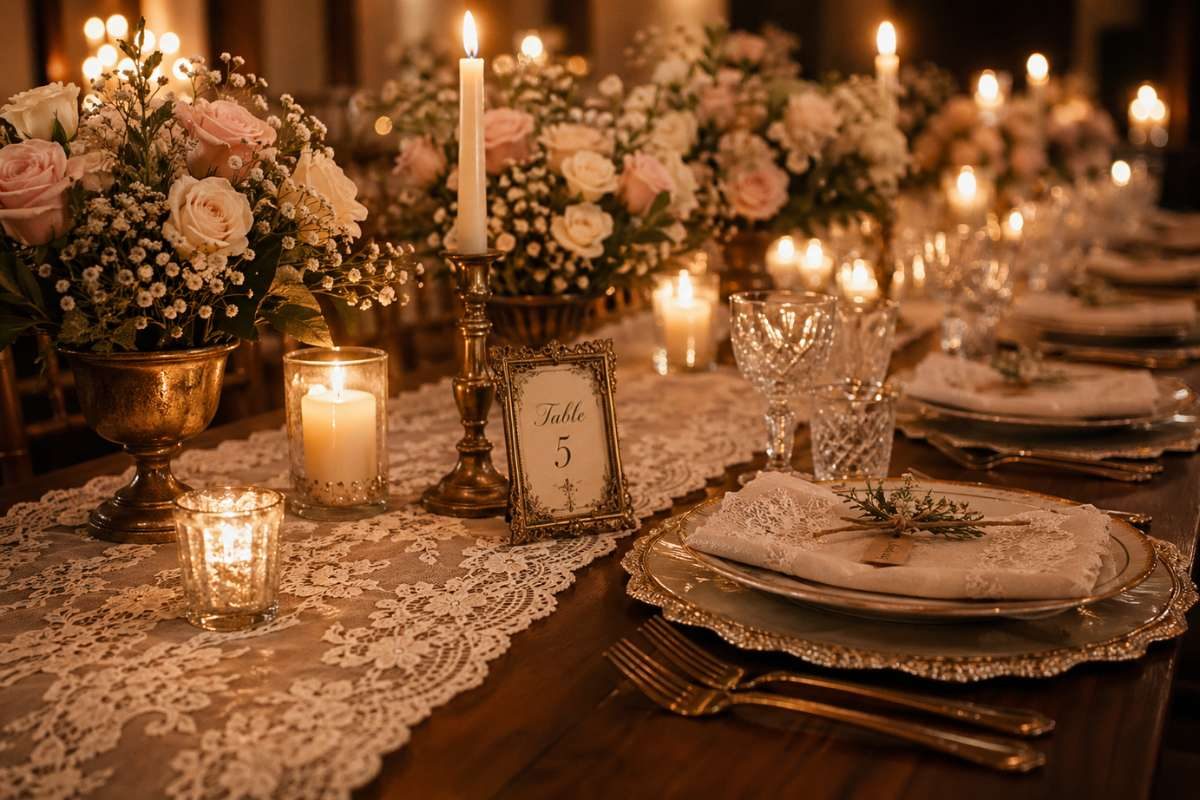 Romantic wedding table with lace runner and candlelight