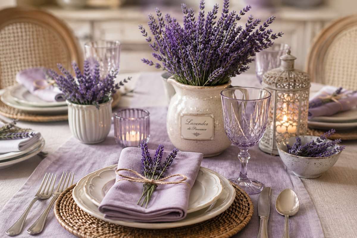 Wedding table decor with lavender flowers and soft tones