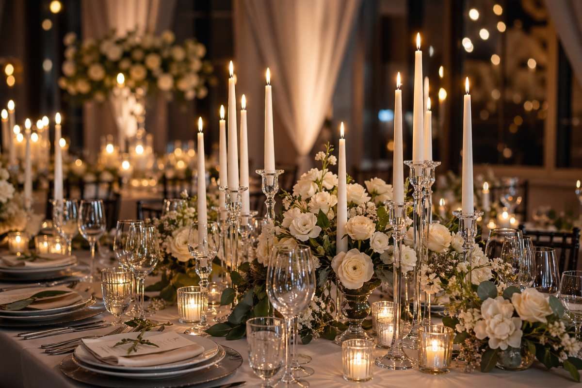 wedding table with tall taper candles, glass holders, and soft white floral centerpieces creating warm elegant ambiance