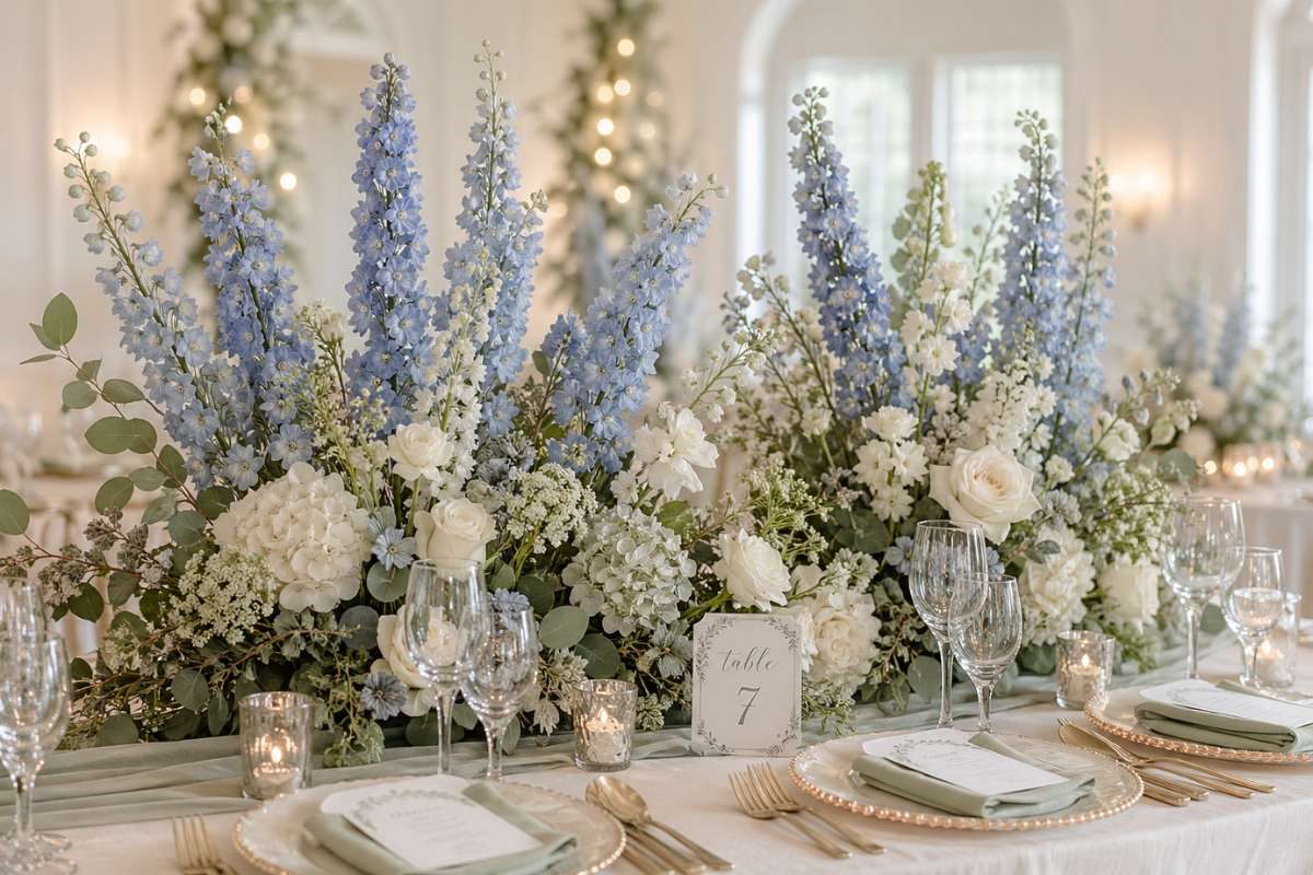 tall layered floral centerpiece with dusty blue and white flowers