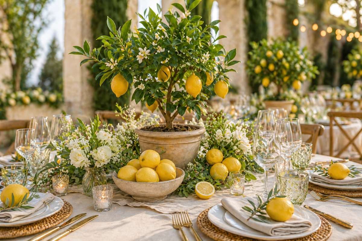 Wedding table centerpiece with lemons and greenery