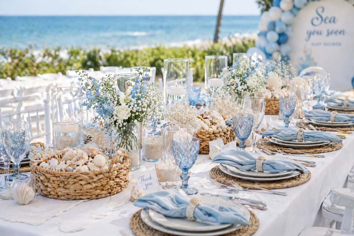 Light and airy coastal baby shower table setup with blue napkins and beachside decor.