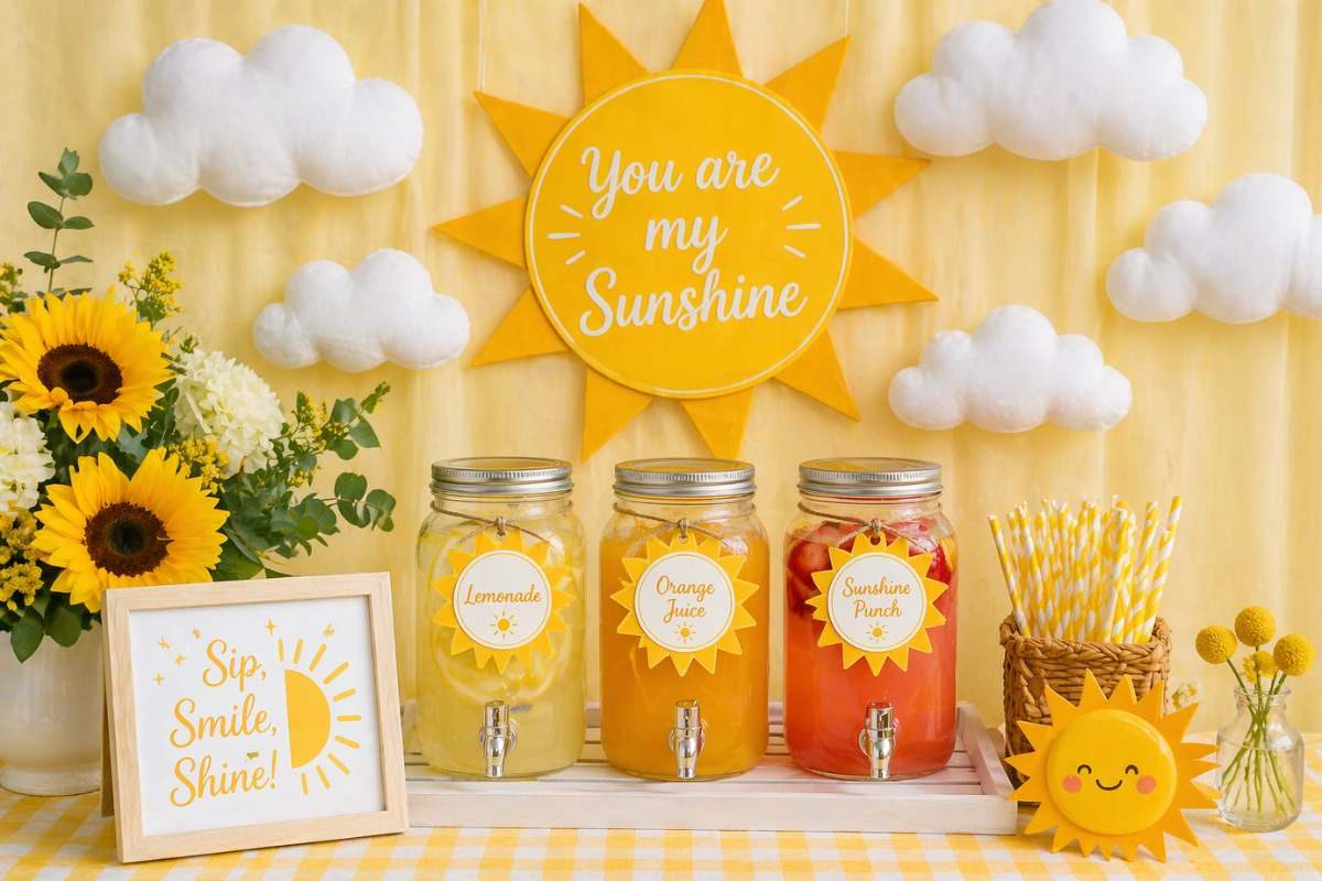 Sunshine drink station with cloud decorations and yellow accents