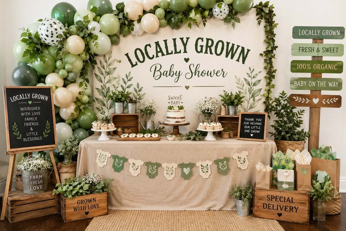 Locally grown baby shower backdrop decor with organic green balloon garland, rustic signage, botanical accents, and farm-inspired dessert display.