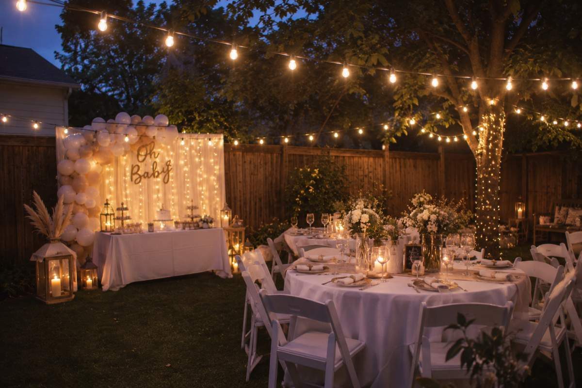 Elegant evening backyard baby shower with glowing string lights, candlelit tables, an illuminated "Oh Baby" backdrop, balloon garland, floral centerpieces, and a cozy outdoor dining setup.