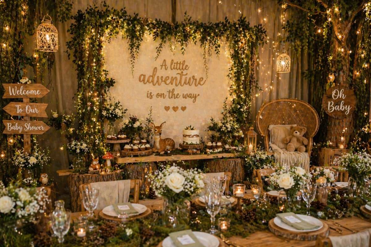 Magical woodland baby shower backdrop with string lights, greenery, and rustic decor