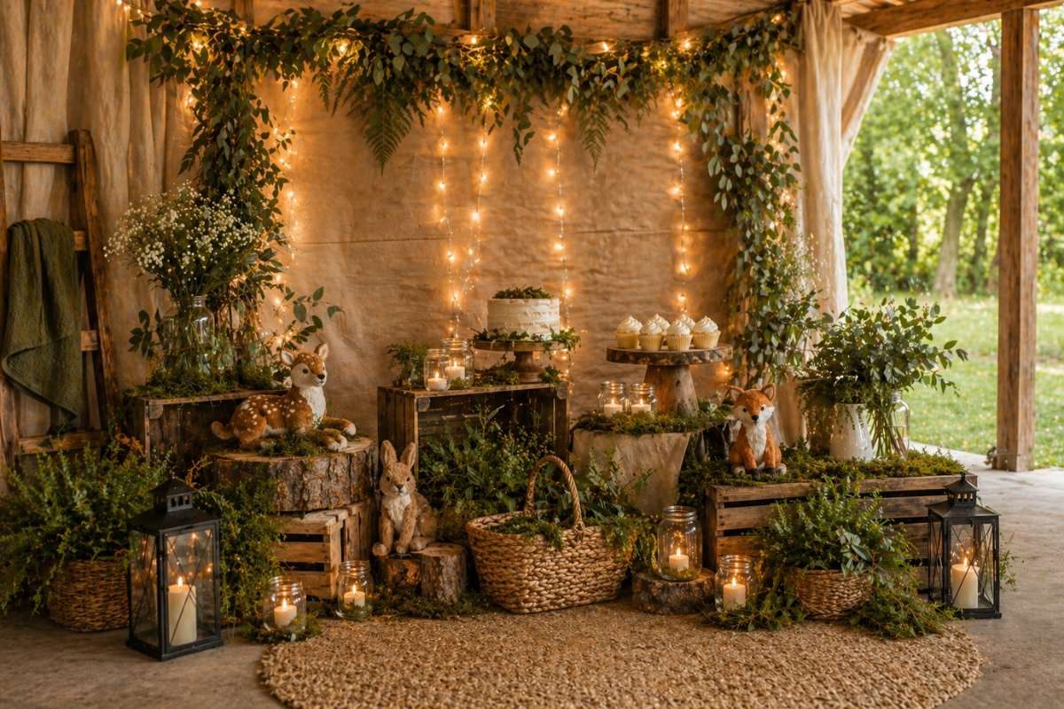 Magical woodland baby shower setup with forest animals, rustic wood decor, greenery garlands, candles, and warm fairy lights
