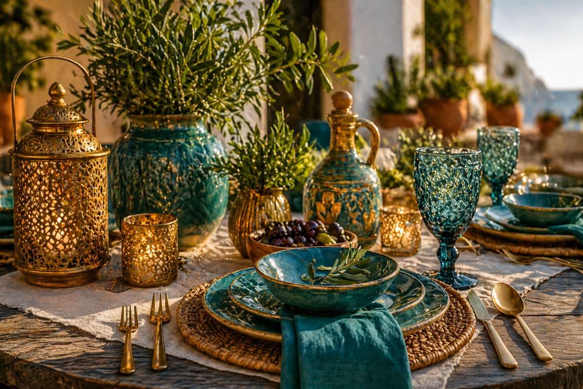 mediterranean wedding table teal gold luxury