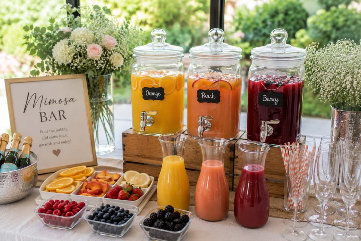 Mimosa-inspired juice station for a brunch baby shower featuring orange, peach, and berry juices, fresh fruit garnishes, glass dispensers, floral arrangements, and elegant drinkware in a bright celebration setting.