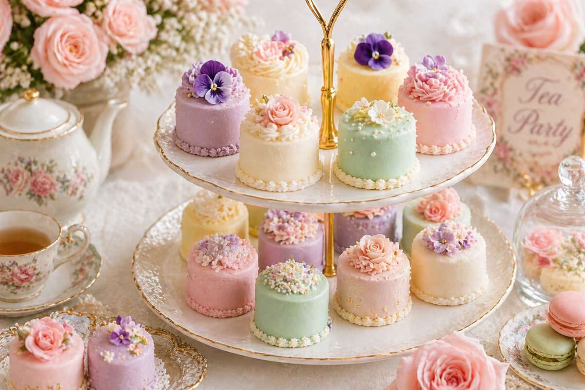 pastel mini cakes with floral decorations on tiered dessert stand